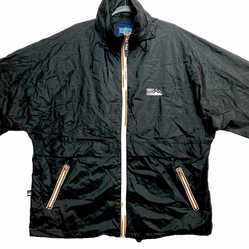 First Down Rain Jacket Mens L Black Anorak Full Zip Hooded Coat Vintage